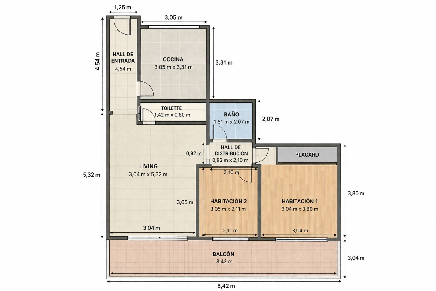 Departamento 3 ambientes al frente, 2 baños y terraza balcon.